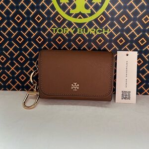 Tory Burch Emerson Flap Card Case Wallet Moose Tan Brown Gold